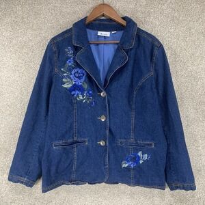 VTG Denim & Co Embroidered Floral Denim Jacket L Beaded Cottage Core Granny